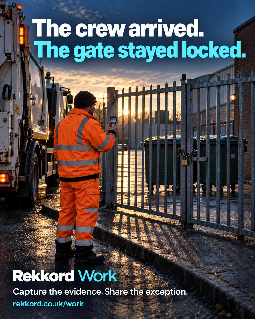 Crew member photographing a locked gate blocking bin access