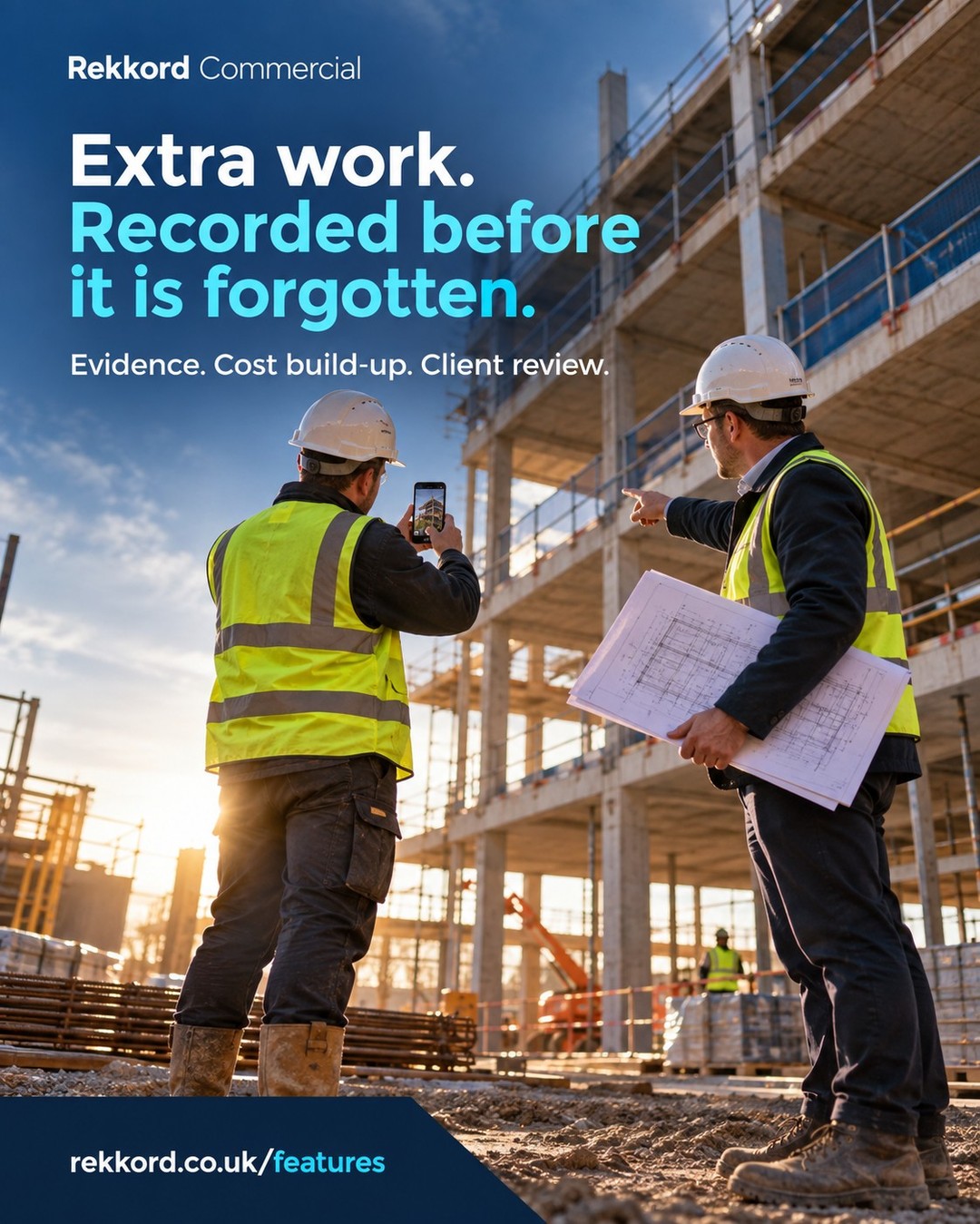 Engineers recording extra work on a concrete frame with drawings